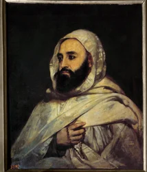 Porträtt av Ben Mahi Ed Din Abd El Kader (Abd El-Kader) (1808 - 1883) Emir Algerian (h s/t 0,72 x 0,59) målning av Angel Tissier (1814 - 1876) Versailles. Slottsmuseet.