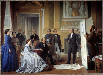 Arkitekten Louis Visconti (1791-1853) presenterar för Napoleon III planen för den nya Louvrenmålningen av Ange Tissier (1814-1876) 1865, olja på duk