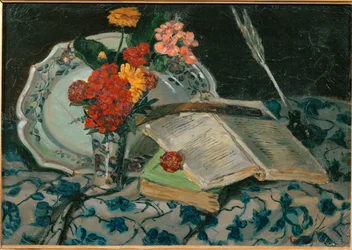 Stilleben: blommor, lergods, böcker (målning på duk)