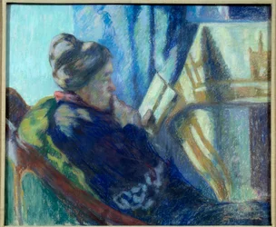 Läser Gammal kvinna som läser en bok i sin stol. Målning av Jean Baptiste Armand Guillaumin (1841-1927) 1800-talets Metz, Musee des Beaux Arts