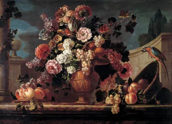 Blommor, frukter och papegojor Målning av Jean Blin (eller Blain eller Belin) från Fontenay (1653-1715) 1700-talets Orleans. Museum of Fine Arts
