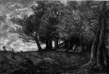 Bucherons (1870-1871). Gravyr efter målningen av Jean Baptiste Camille Corot (1796-1875) i ""The Illustrous World"" nr 1209 den 29 maj