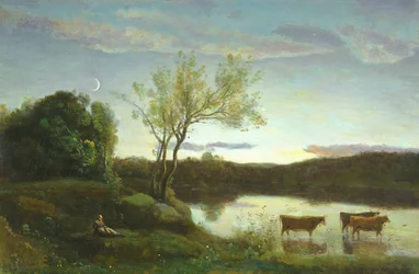En damm med tre kor och en månskära, ca 1850