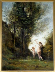En nymf som leker med en kärlek. Målning av Camille Corot (1796-1875)