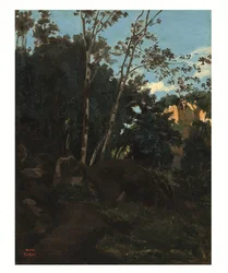 Träddunge bland klipporna vid Civita Castellana (olja på papper nedlagd på duk)