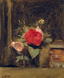 Bukett av blommor i ett glas bredvid en tobakskruka, c.1873-74