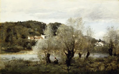 Fiskare på kanten av en damm i byn Avary; Pecheur au Bord de L"Etang a Ville d"Avray, ca 1850-55