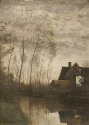 Franska: Scène de rivière avec maisons et peupliers En flodscene med hus och poplar