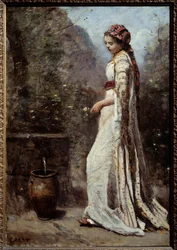 Grekisk flicka har fontänen. Målning av Camille Corot (1796-1875)