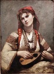 Gypsy har mandolin. Målning av Jean-Baptiste Camille Corot (1796-1875). 1874. Konstmuseet i Sao Paulo. Brasilien