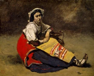 "Italienne assise sur le sol" Målning av Jean Baptiste (Jean Baptiste) Camille Corot (1796-1875) Zürich, privat samling