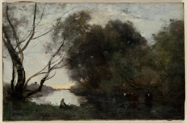 Sjö: Sun Setting, mitten av 1800-talet (olja på duk)
