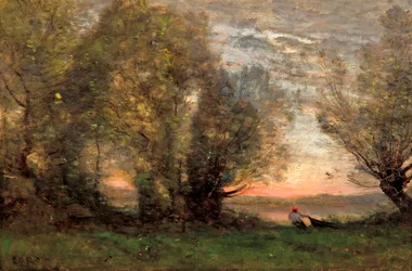 "The Fisherman, evening effect" (The fisherman, evening effect) Målning av Jean-Baptiste Camille Corot (1796-1875) - ca 1860-1870 - Olja på duk Dim 27,7x41,4 cm Art Gallery of South Australia