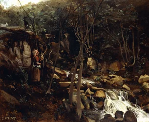 Lormes - En bäck med en stående bonde som spinner ull, 1842