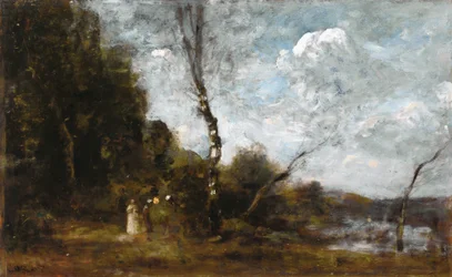 Tre bondkvinnor vid en skog