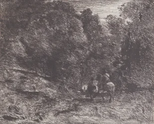 Två resenärer i en skog Ryttaren i skogen och fotgängaren, 1854.