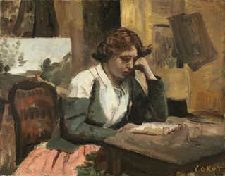 Kvinna som läser i ateljén, ca 1868 (olja på papp på trä)