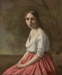 Ung kvinna i en rosa kjol, ca 1845-50