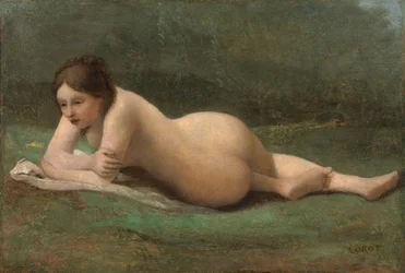 Ung kvinna liggande på gräset, ca 1850-60