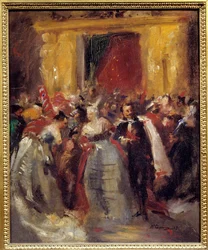 Baldräkt i Tuileriernas palats: Napoleon III (1808-1873) och grevinnan av Castiglione (1837-1899, berömd italiensk kurtisan) (Virginia Elisabetta Luisa Carlotta Antonietta Teresa Maria Oldoini). Målning av Jean Baptiste (Jean-Baptiste) Carp