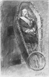Kejsar Napoleon III i sin kista under begravningsgudstjänsten i kyrkan i Chislehurst, England, den 13 januari 1873 (kol och vitkrita).