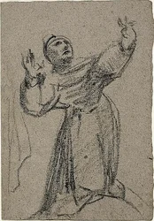 Knäböjande figur med höjda armar