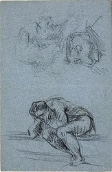 Sittande figur med huvudet i händerna och två karikatyrer (recto); Fyra figurer i en lunett (verso)