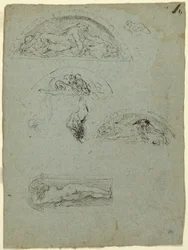 Stående figur i en nisch och studier för Ugolino-gruppen, 1857-58