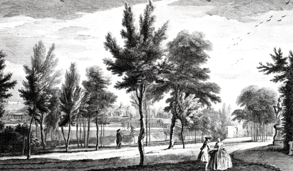 En udsigt over Elysian Fields fra Helicon Spring, Stowe House Gardens, indgraveret af George Bickham, 1753 swed