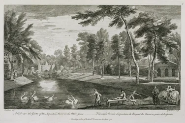 En utsikt över grottan av Serpentine River i Alder Grove vid Stowe, 1753, graverad av George Bickham