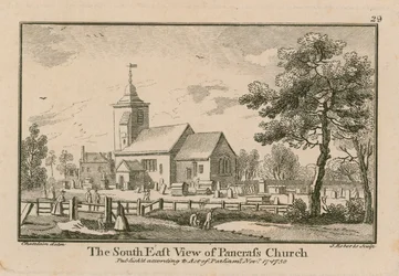 Den sydöstra utsikten över St Pancras Church, London