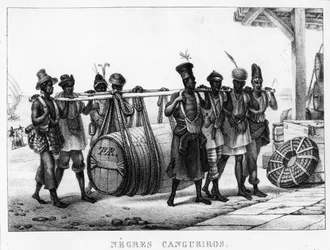 ”Svarta Cangueiros” - Svarta bärare transporterar en tunna, graverad av Thierry Frères (verksam 1827-45), 1835