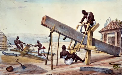 Förslavade skogshuggare, ur «Voyage Pittoresque et Historique au Bresil», graverad av Thierry Freres, 1835