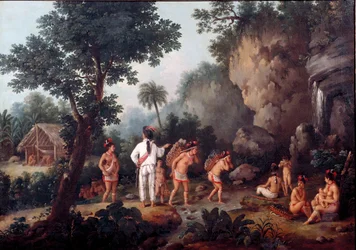 Slaveri: ”slavjakt” - ursprungsfamiljer (från Brasilien?) tillfångatas av slavhandlare. Museum i São Paulo, Brasilien.
