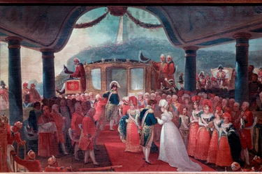 Ankomsten av Mary Leopoldine från Habsburg-Lorraine (Habsburg Lorraine) eller Österrike (1797-1826) till Rio de Janeiro 1817, för att gifta sig med kejsar Peter I av Brasilien. De två fästmöarna är representerade tillsammans med kung Joao VI av Portugal (J