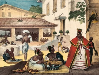 Guaraní-kvinnor, interiör i ett zigenarhem, Brasilien