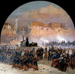 Expedition av Constantine under erövringen av Algeriet (1830-1847): "" Begravningsgudstjänst (begravning) av general Denis de Damremont (1783-1837) firas 18/10/1837 framför Constantine i Algeriet dagen efter överfall”” Målning av Edou