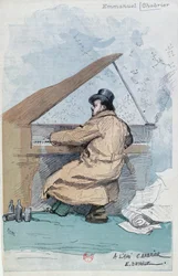 Frankrike, Paris, färgad gravyr av den franske kompositören Emmanuel Chabrier