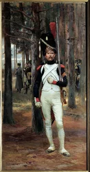 Grenadier till fots av vakten Imperiale 1806 Målning av Edouard Detaille (1848-1912) Sön. 1,10 X 0,58 m Paris. Armee Museum
