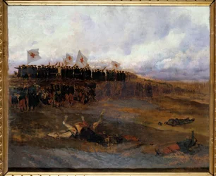 Belägring av Paris 1870: "" bröderna i den kristna lärans skolor går mot slagfältet"" Målning av Edouard Detaille (1848-1912) 1872 Sön. 0,53x0,65 m