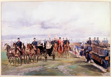 Tsar Nicolas granskar trupperna med Felix Faure i Chalon-sur-Marne under sitt besök i Frankrike den 9 oktober