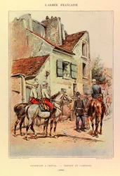 Typer och uniformer av kapten Jules Richards franska armé, illustrerad av Edouard Detaille (1848-1912): Hunters a Horseback; Fälttjänst 1886, Privat samling