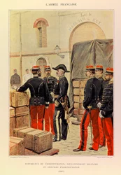 Typer och uniformer av kapten Jules Richards franska armé, illustrerad av Edouard Detaille (1848-1912): Administrationskontrollant, biträdande militärintendent och administrativa officerare 1887, privat samling