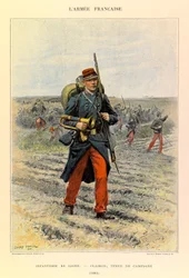 Typer och uniformer av kapten Jules Richards franska armé, illustrerad av Edouard Detaille (1848-1912): Linjeinfanteri; Clairon i fältklänning 1885, privat samling