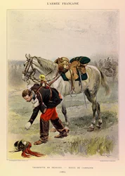 Typer och uniformer av kapten Jules Richards franska armé, illustrerad av Edouard Detaille (1848-1912): Draktrumpet i lantklänning 1885, privat samling