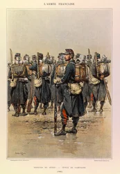 Typer och uniformer av kapten Jules Richards franska armé, illustrerad av Edouard Detaille (1848-1912): Andens sapper i lantklänning 1886, privat samling