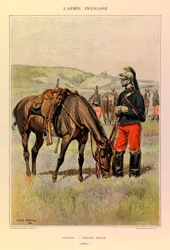 Typer och uniformer av kapten Jules Richards franska armé, illustrerad av Edouard Detaille (1848-1912): Drake i liten outfit 1885, Privat samling