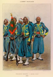 Typer och uniformer av kapten Jules Richards franska armé, illustrerad av Edouard Detaille (1848-1912): Native Tirailleurs in Great Outfit in 1886, Private Collection