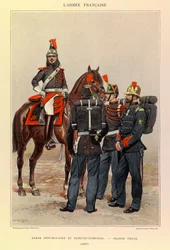 Typer och uniformer av kapten Jules Richards franska armé, illustrerad av Edouard Detaille (1848-1912): Republikanska gardet och brandmän i stor outfit 1887, privat samling
