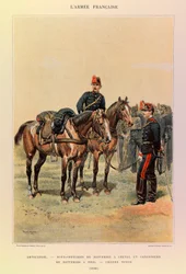 Typer och uniformer i den franska armén av kapten Jules Richard, illustrerad av Edouard Detaille (1848-1912): Artilleri: Underofficerare i batterier till häst och skyttar i batterier till fots i stor klädsel 1886, privat samling.